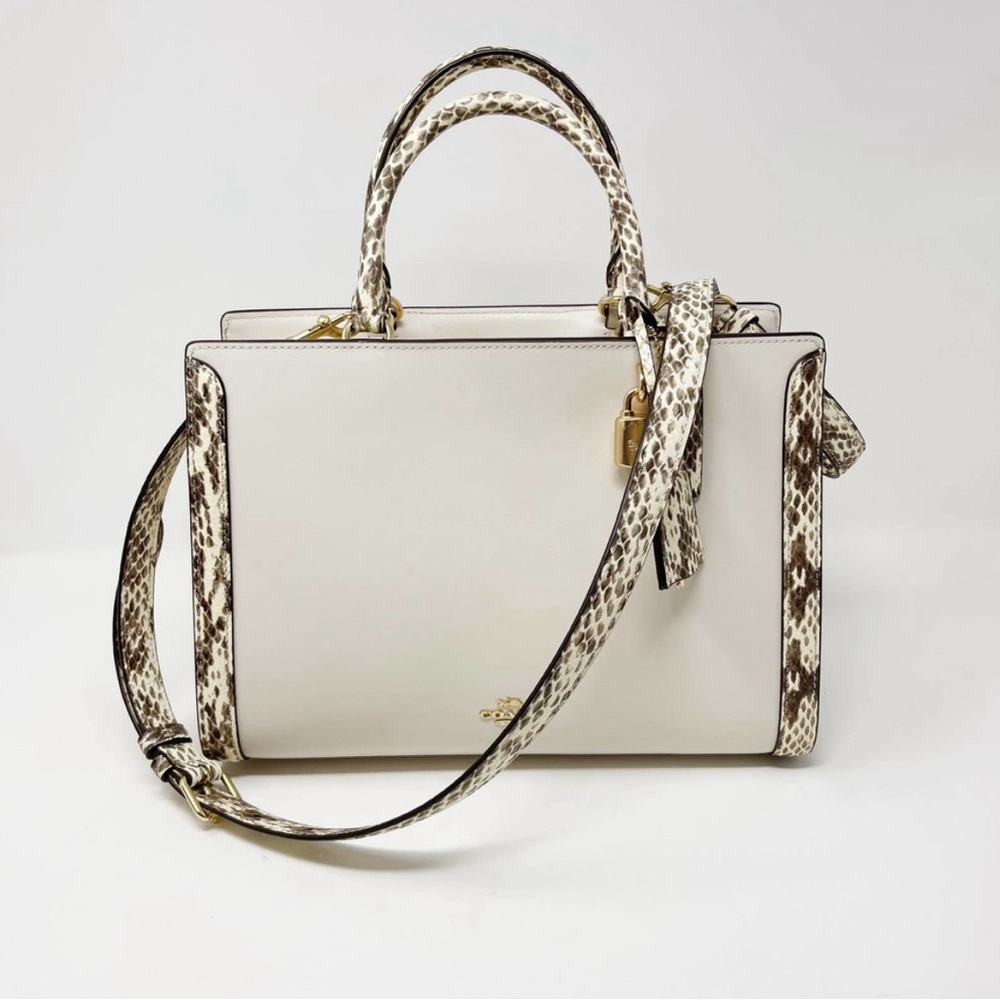 Coach Exotic Trim Zoe Carryall Satchel Bag Chalk Cream Snakeskin Print Crossbody